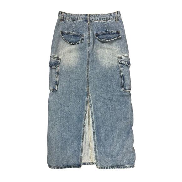 Angel Kiss Y2k Cargo Denim Jean Maxi Skirt Back Split Side Bungee Size 9/29 - Picture 3 of 6